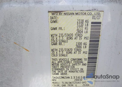 2017 Nissan Murano Platinum from USA, damaged, VIN 5N1AZ2MG5HN135658
